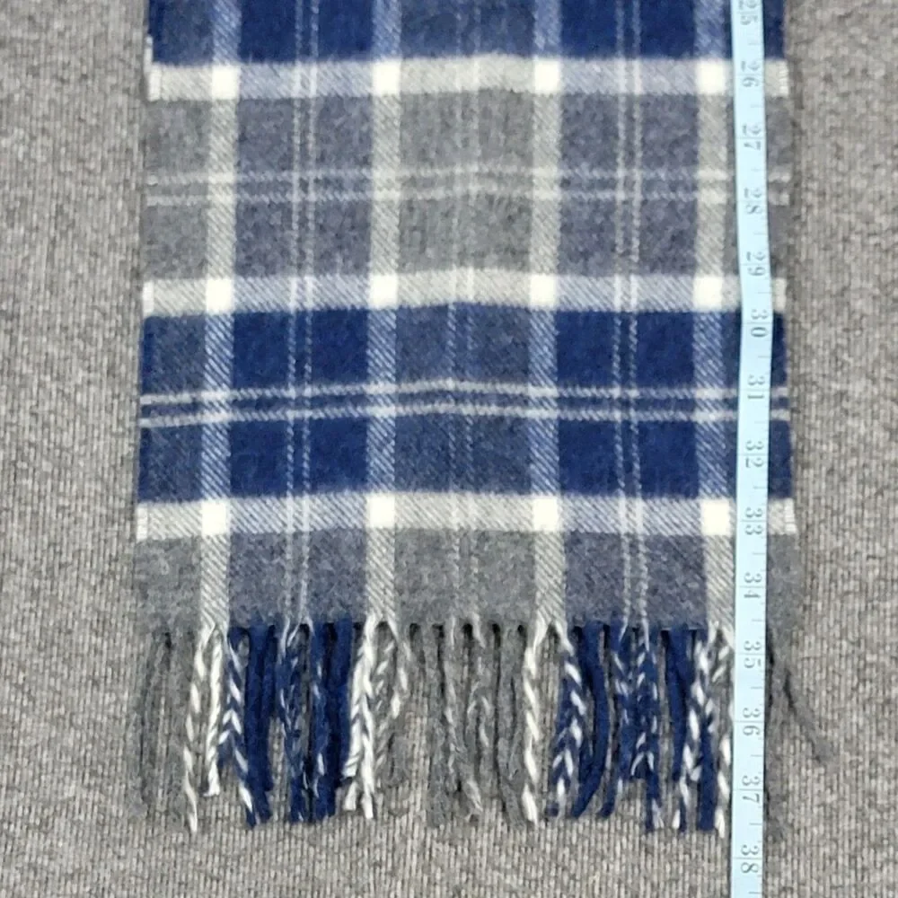 Bronte By Moon Scarf Womens Blue & Gray Plaid Fringed 100% Lambswool
